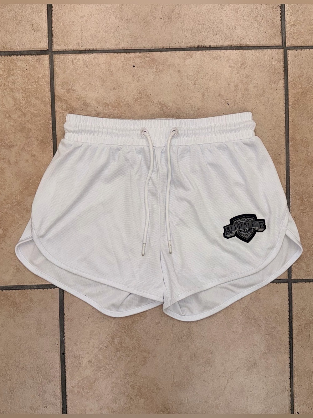 Alphalete Varsity Shorts 2” Inseam Womens Sz Small White Logo Gym Running